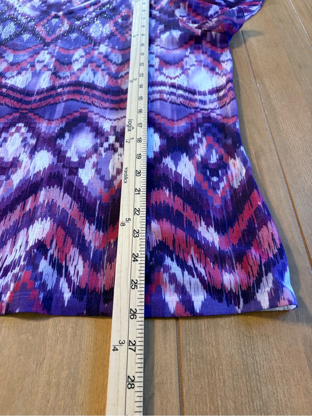 Chico’s 3 XL Purple Ikat Print Flutter Sleeve Rhinestone V-Neck Boho Blouse Top - Picture 10 of 11
